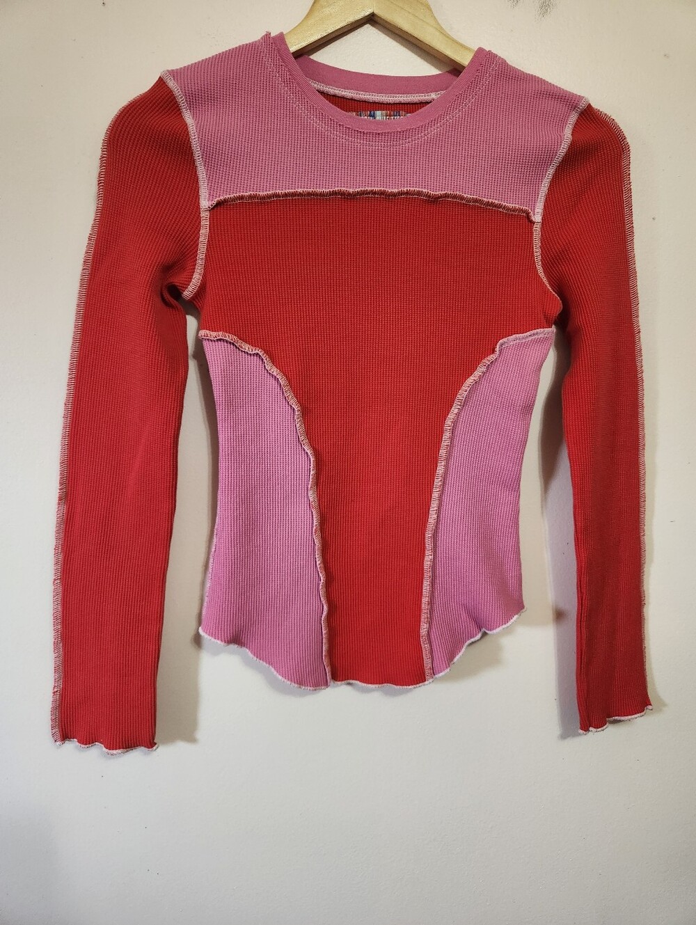 Urban Outfitters Waffle Knit Colorblock Exposed Seam Contrast Stitch Top Pink M